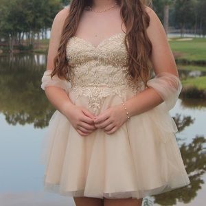 Hand Beaded Strapless Champagne Formal Dress